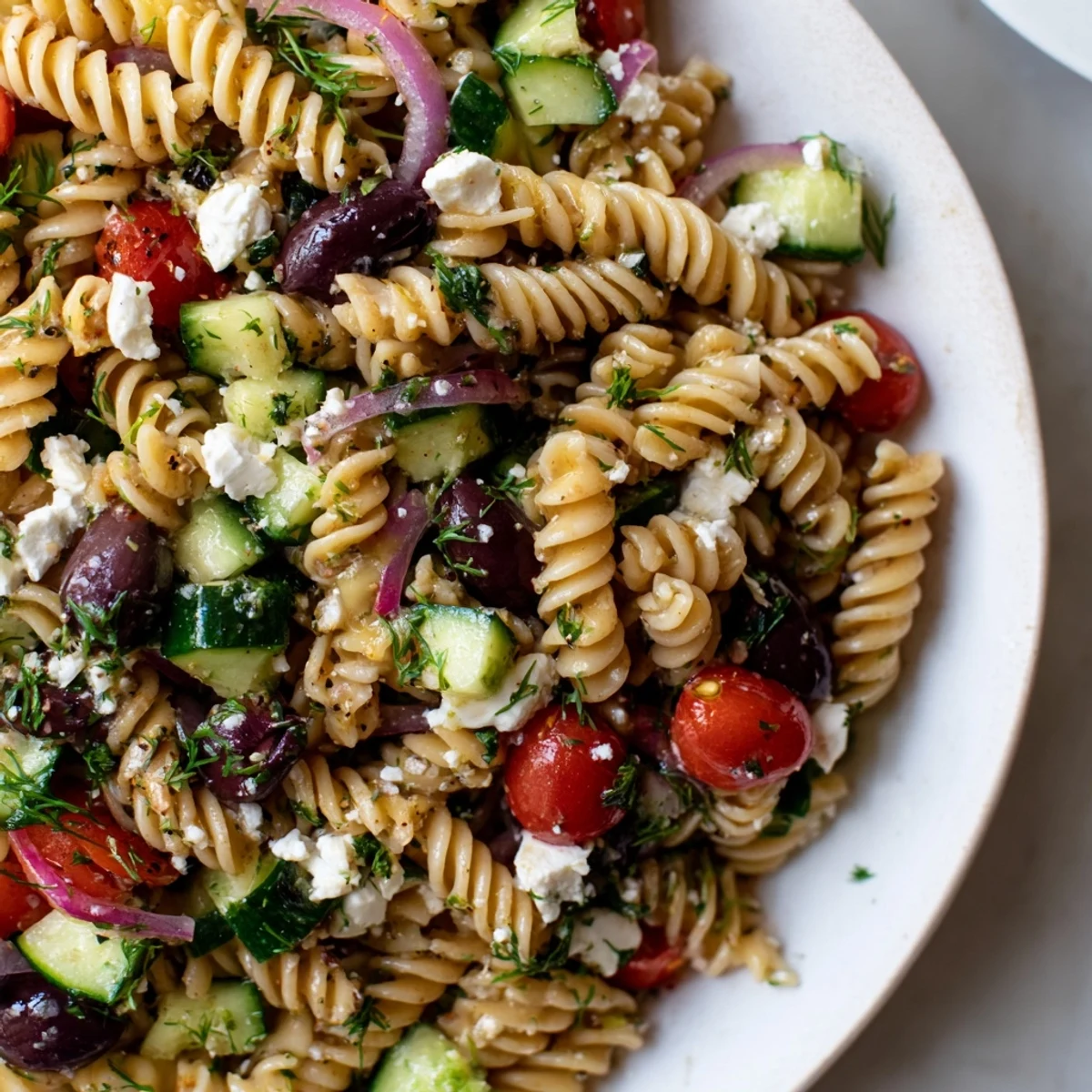 Colorful Greek pasta salad with feta, olives, and crisp vegetables in a zesty vinaigrette