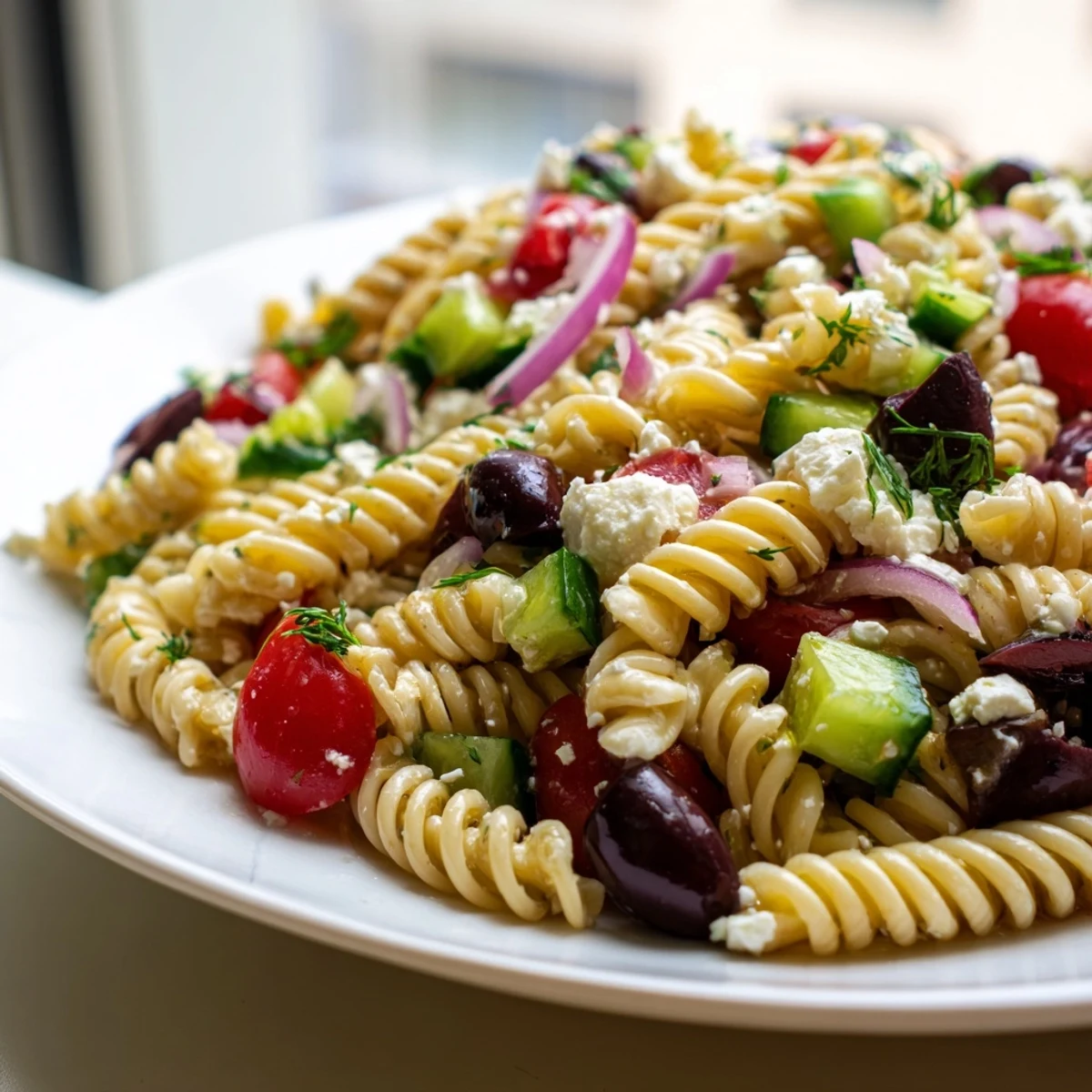 Creamy Greek pasta salad tossed with ripe tomatoes, cucumber, and crumbled feta cheese