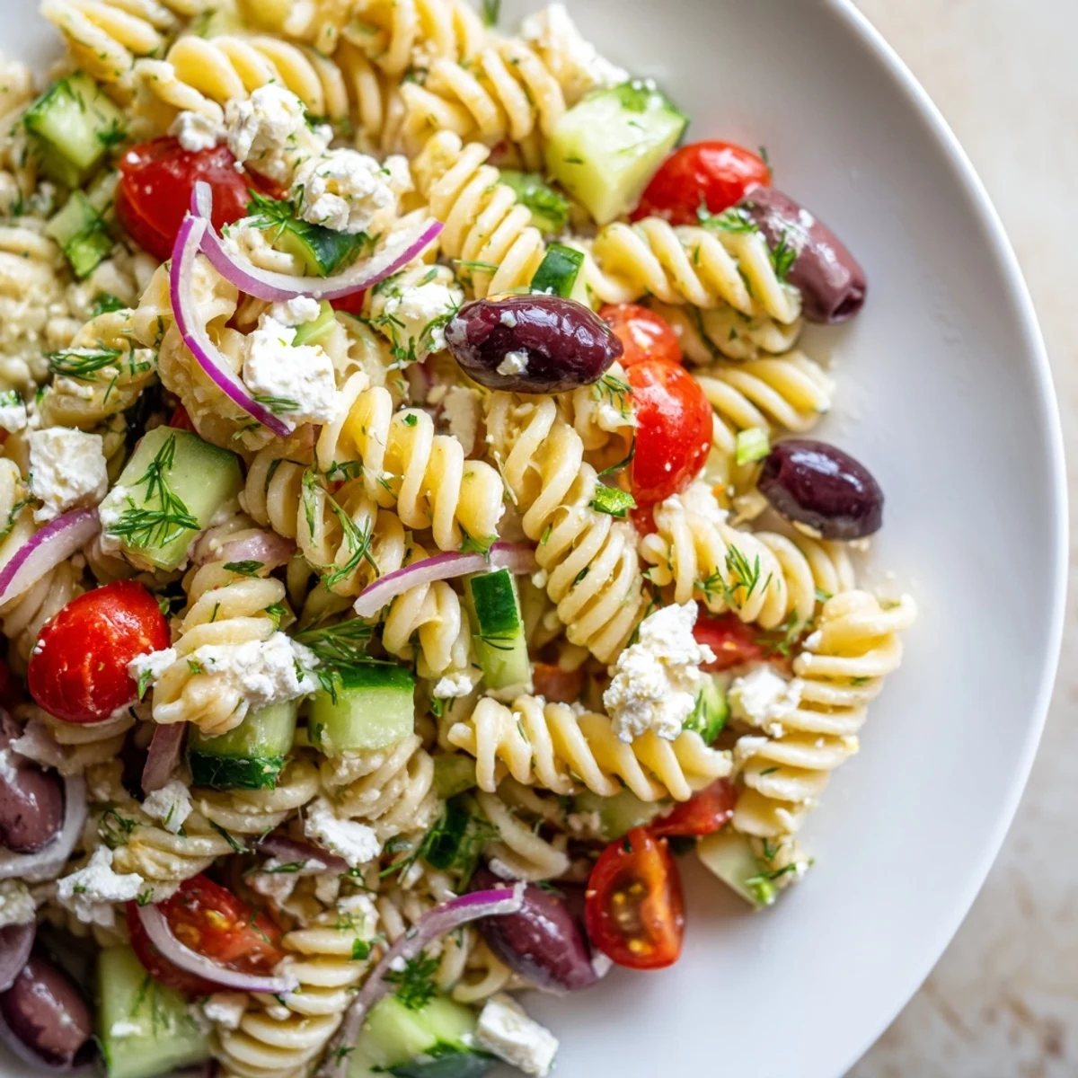 Chilled Greek pasta salad piled in a bowl, studded with Kalamata olives and fresh herbs