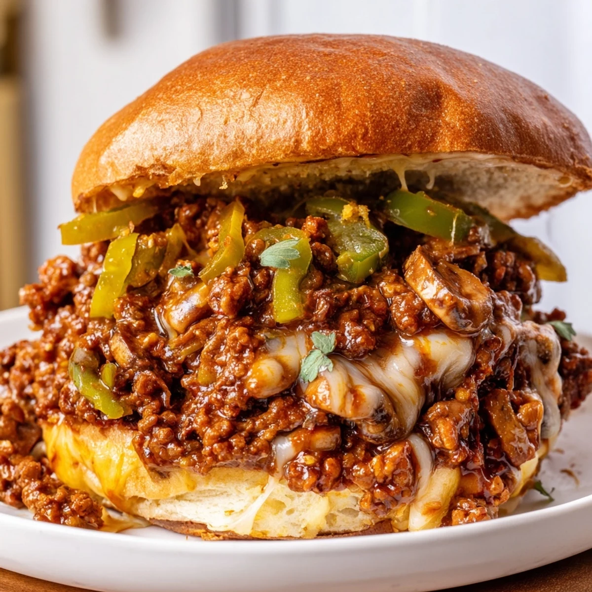 Cheesy Philly Sloppy Joes with melted provolone and sautéed peppers on toasted brioche