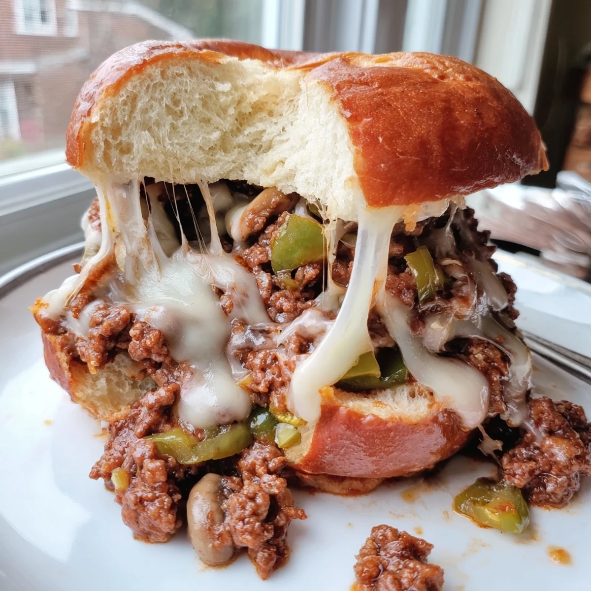 Juicy ground beef and melted cheese overflow a golden bun in these Cheesy Philly Sloppy Joes