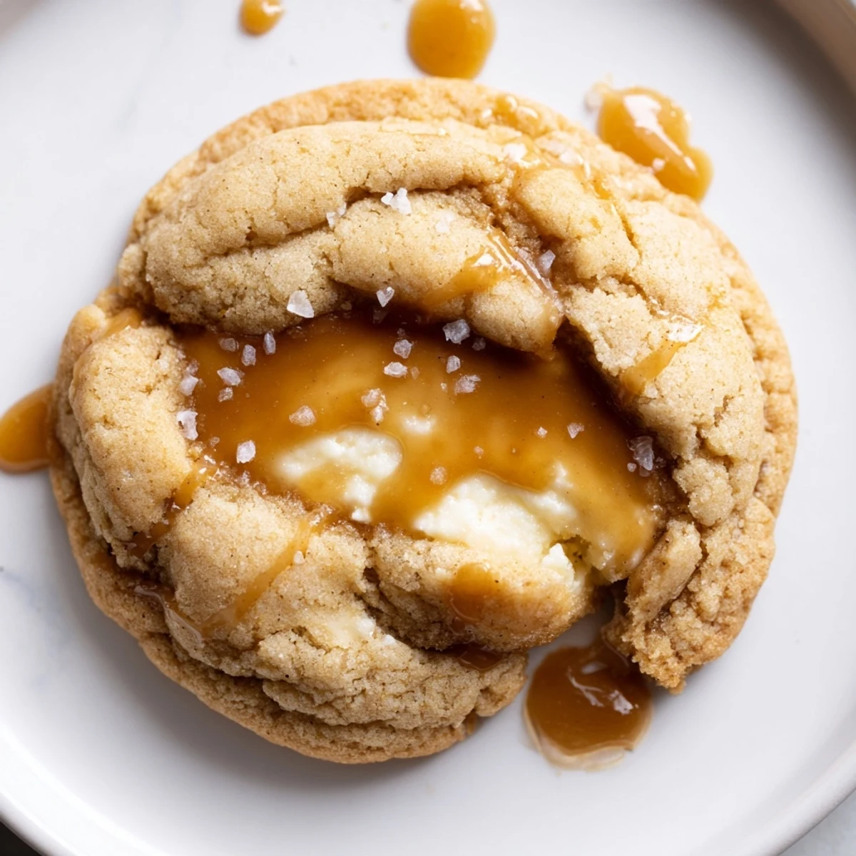 Soft caramel cheesecake cookies with golden edges drizzled in gooey caramel sauce on parchment