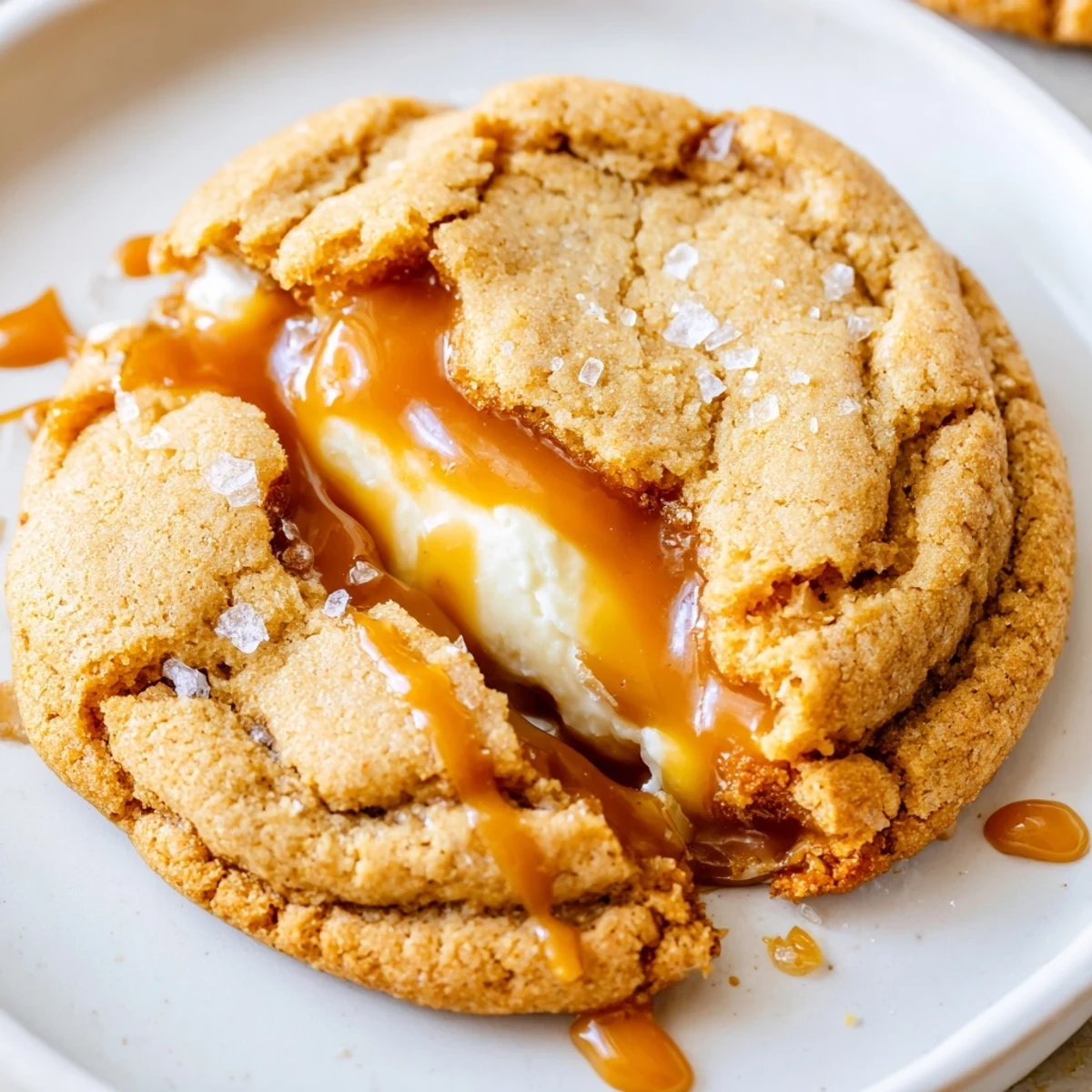 Creamy cheesecake-filled caramel cookies sprinkled with flaky sea salt on a cooling rack