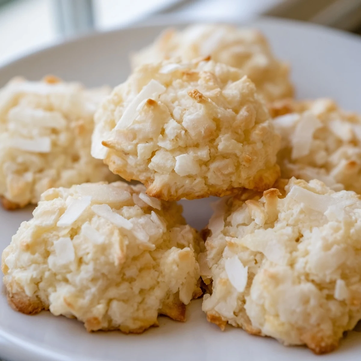 Golden soft and buttery coconut cookies with crisp edges on a cooling rack