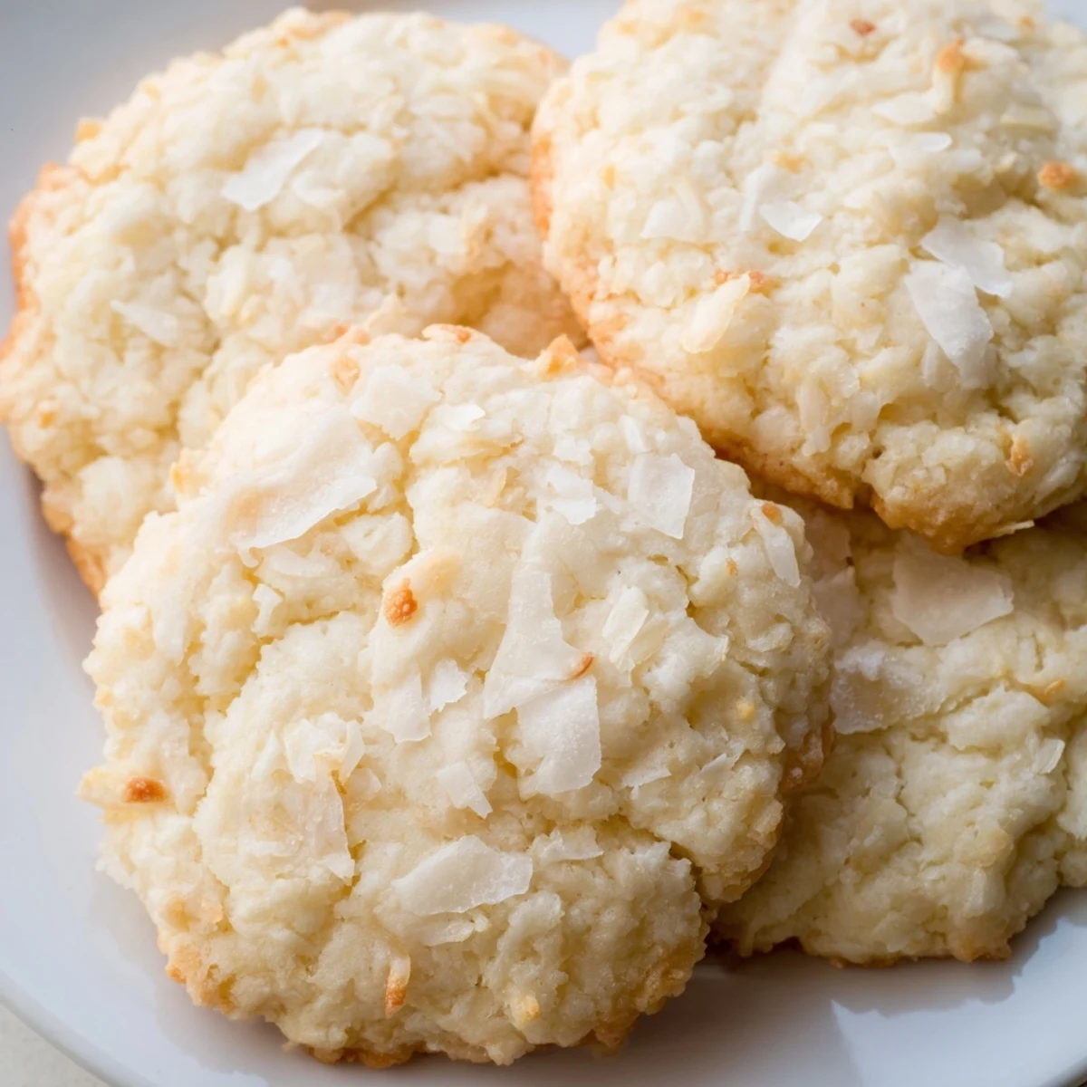 Chewy soft and buttery coconut cookies arranged on a rustic plate for serving