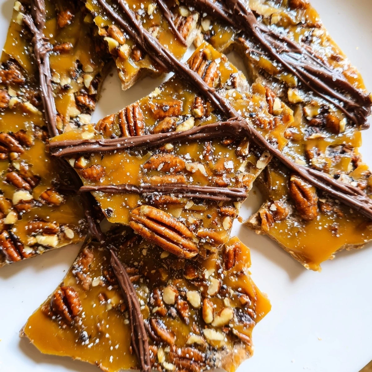 Golden pecan pie bark with caramelized pecans and chocolate drizzle on crisp crackers