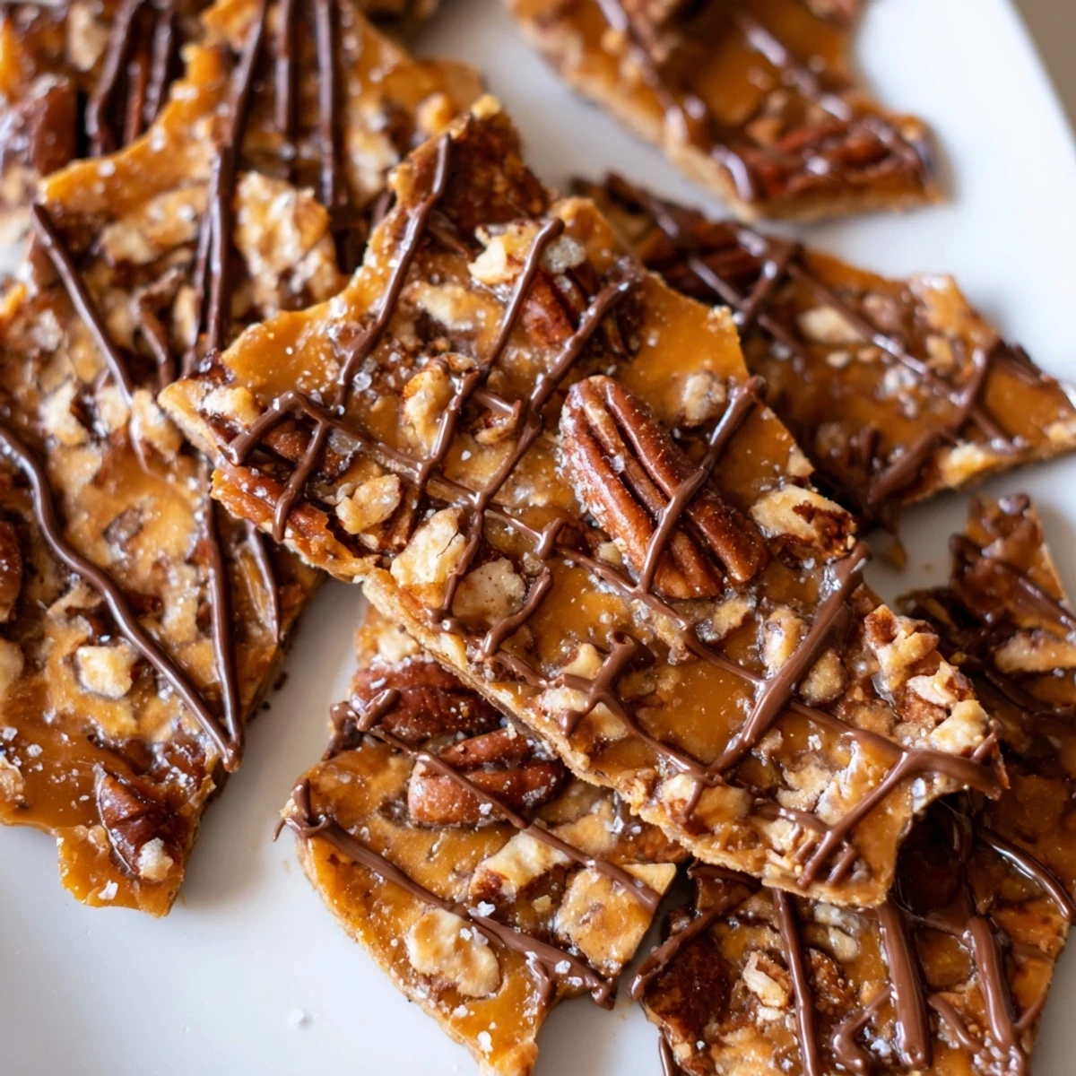 Buttery pecan pie bark broken into rustic pieces coated in gooey caramel topping