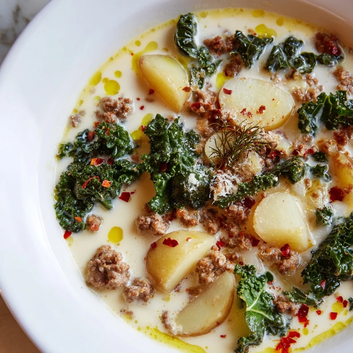 Creamy Zuppa Toscana soup loaded with sausage, potatoes, and tender kale
