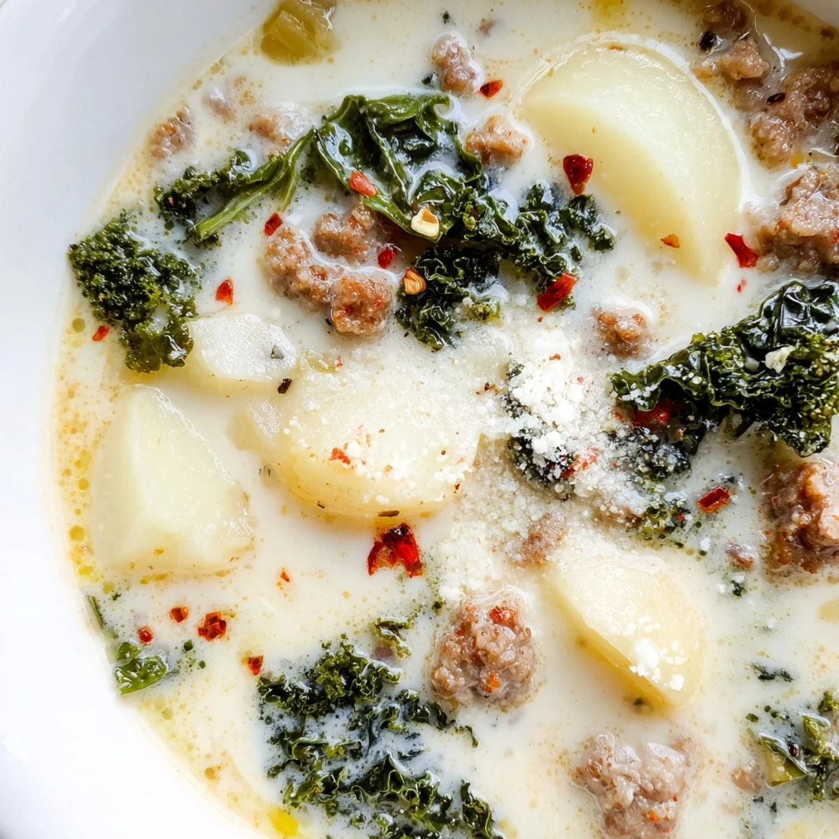 Rustic Zuppa Toscana soup featuring crumbled sausage and sliced potatoes in creamy broth