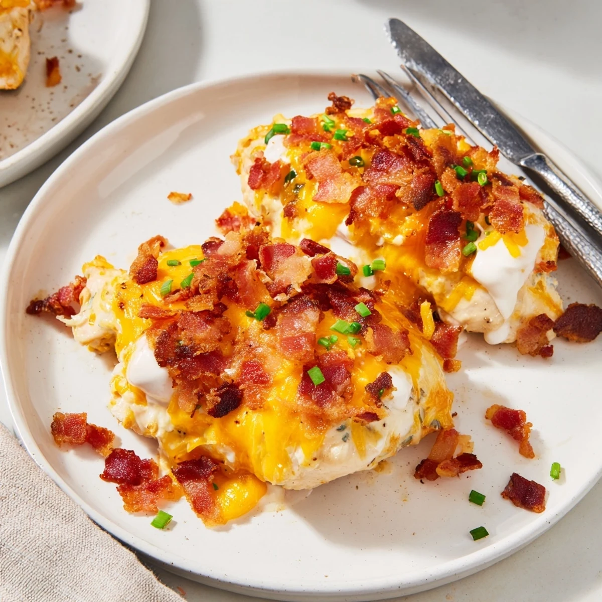 Creamy baked crack chicken topped with ranch-seasoned bacon in a cast iron skillet
