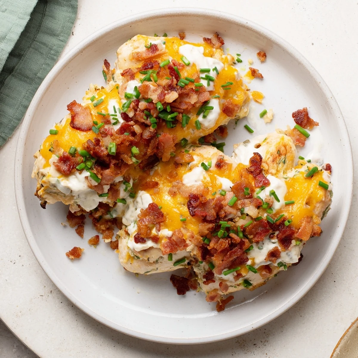Baked crack chicken smothered in melted cheese and garnished with fresh green onions
