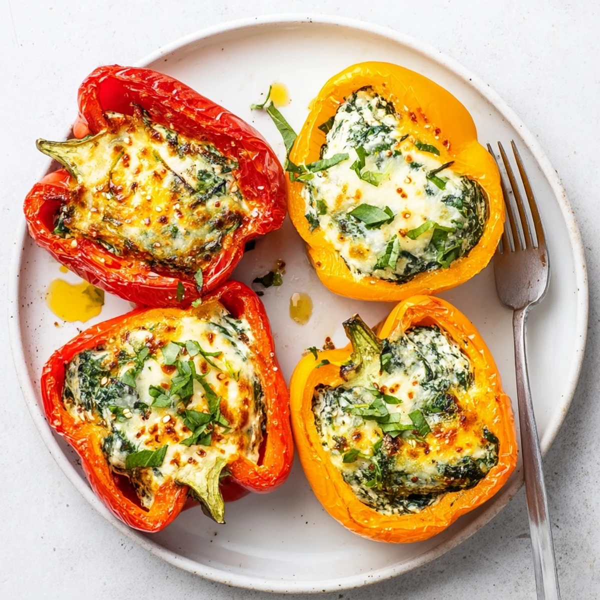 Golden baked ricotta stuffed peppers with bubbling mozzarella and fresh herbs on a rustic dish