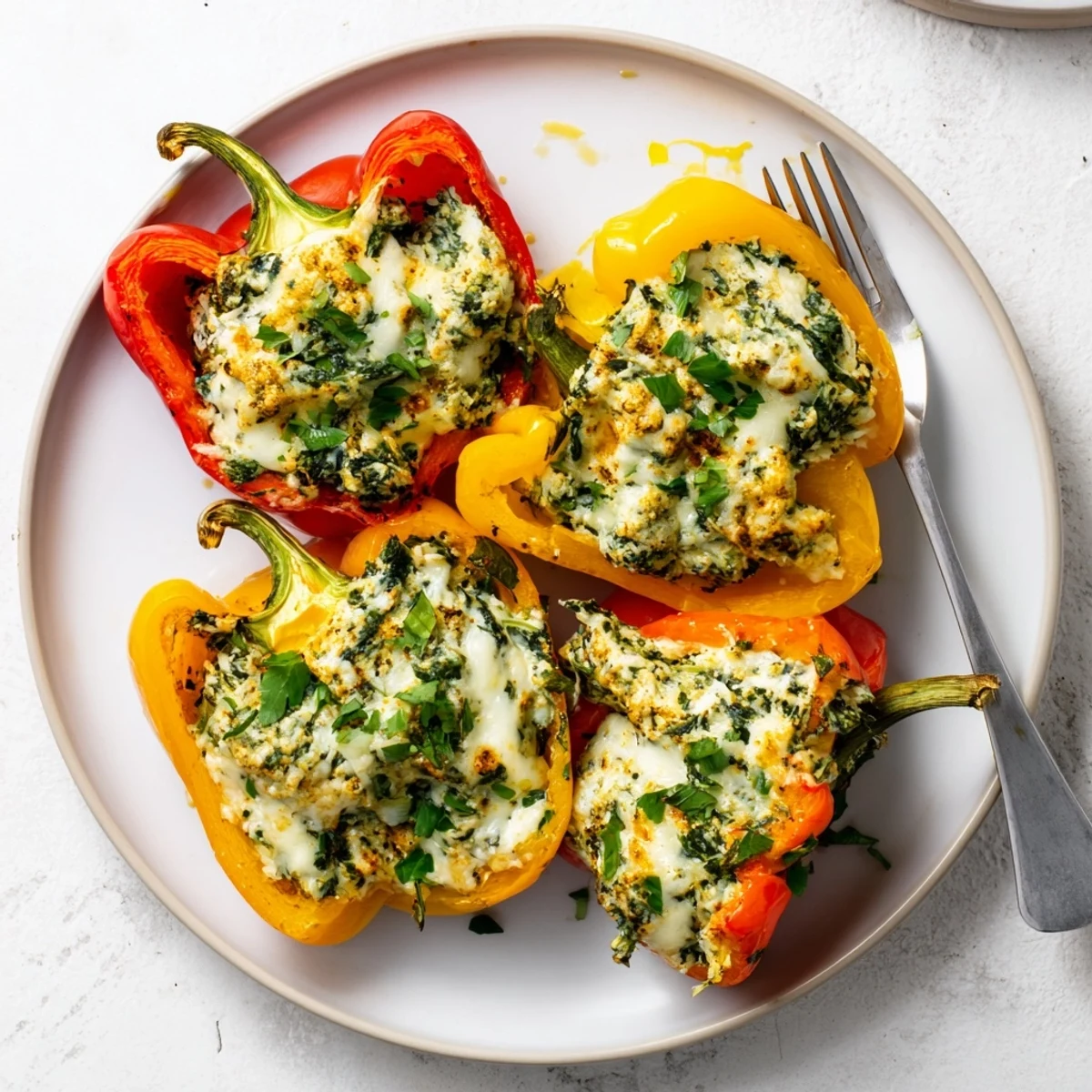 Creamy herb-filled ricotta stuffed peppers roasted until tender and topped with melted cheese