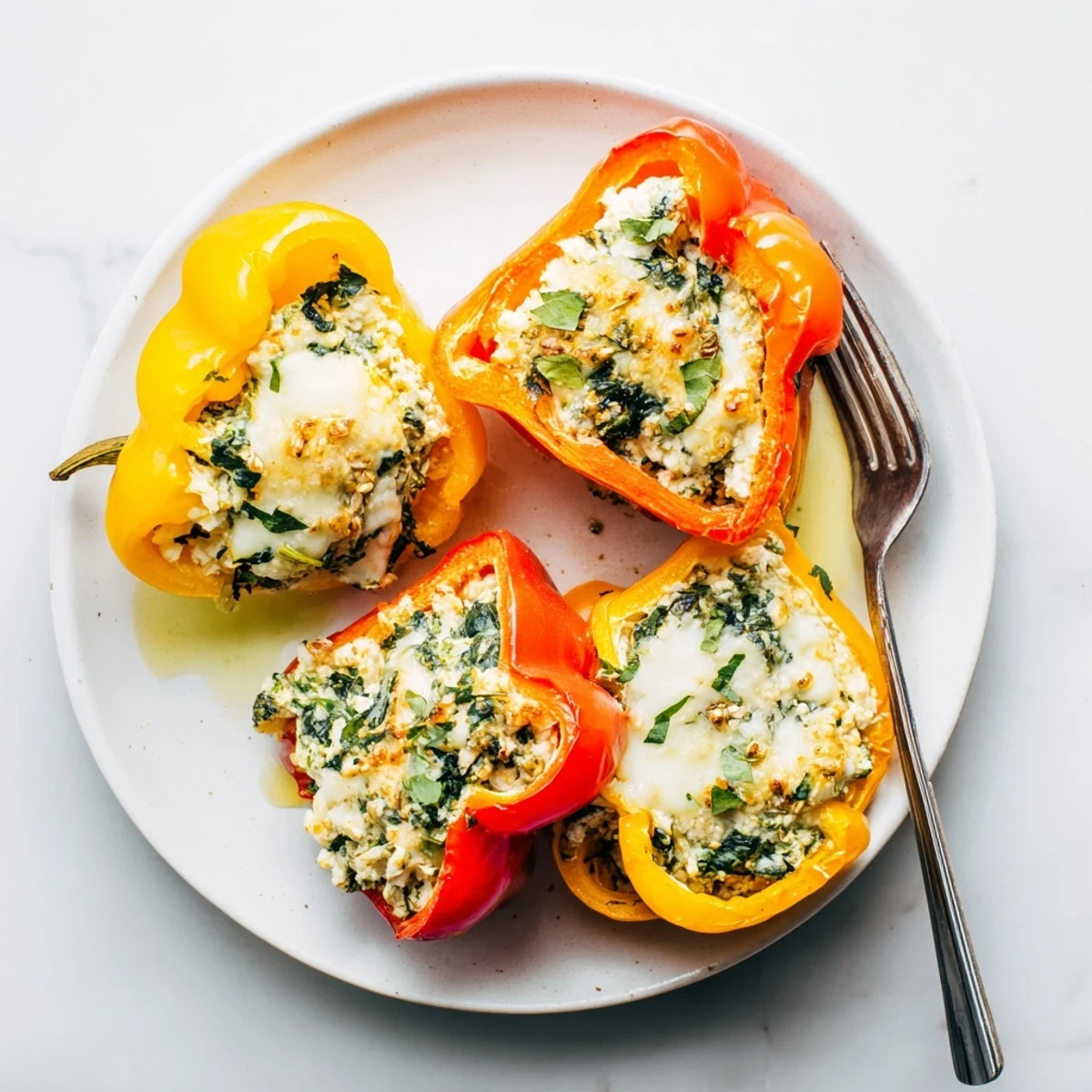 Vibrant bell pepper halves overflowing with cheesy spinach ricotta filling fresh from the oven