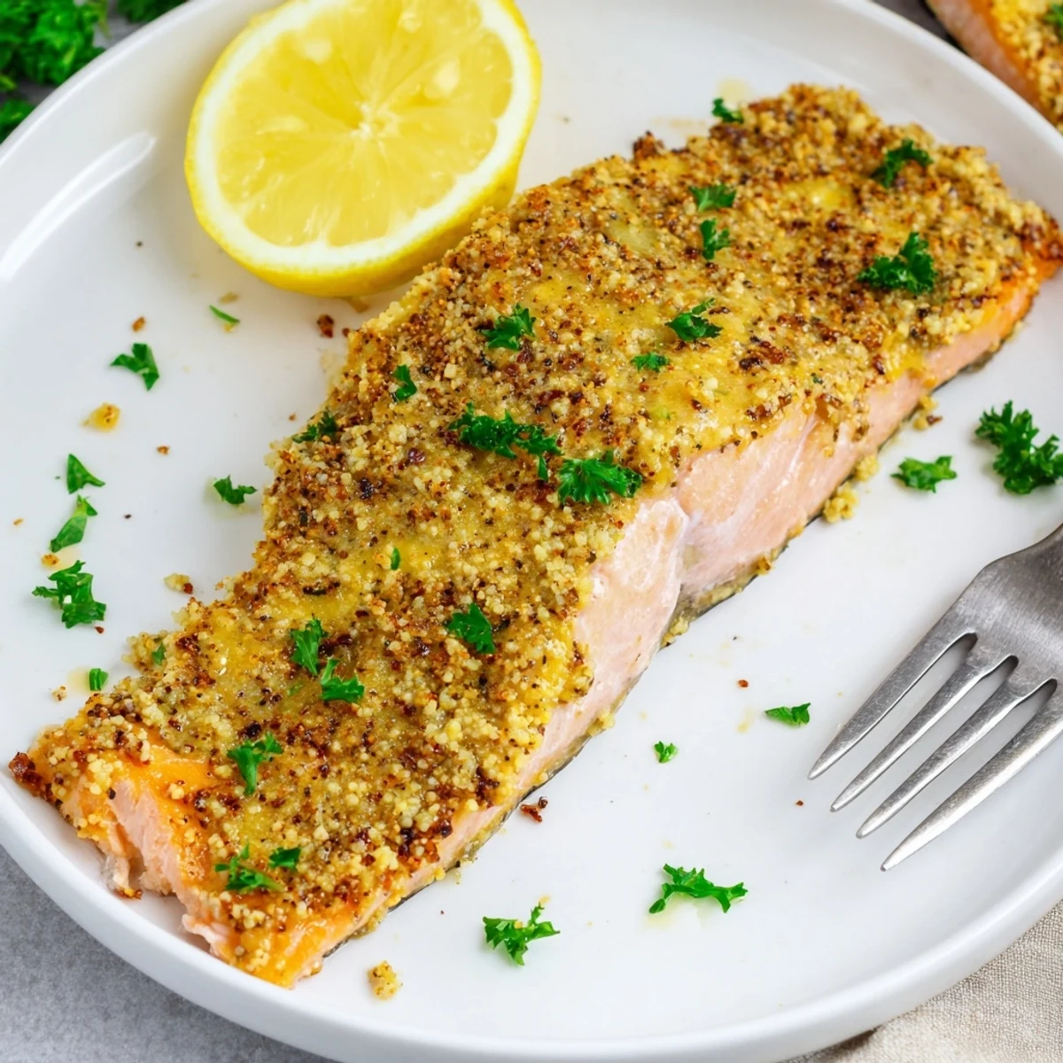 Golden baked honey mustard salmon fillets glistening with sweet, tangy glaze on a parchment-lined baking sheet.
