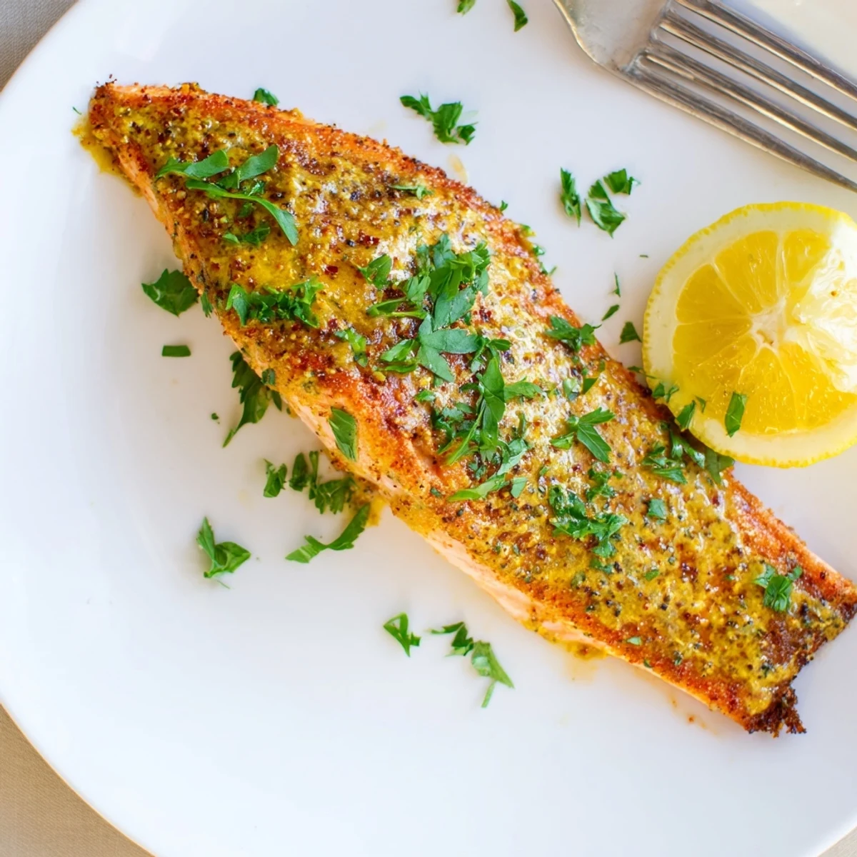 Juicy baked honey mustard salmon topped with fresh parsley and bright lemon wedges on a white plate.