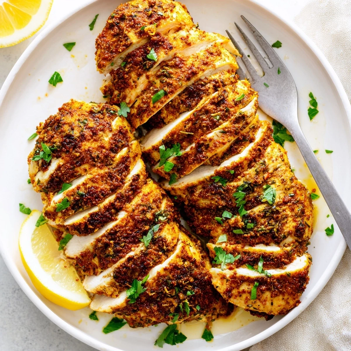 Golden oven baked chicken breasts with herbs served on a white plate with lemon wedges