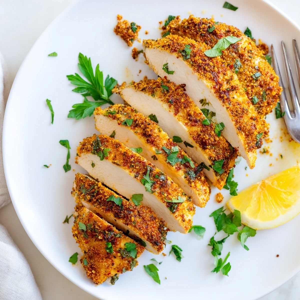 Juicy oven baked chicken breasts sliced open revealing tender seasoned meat with fresh parsley