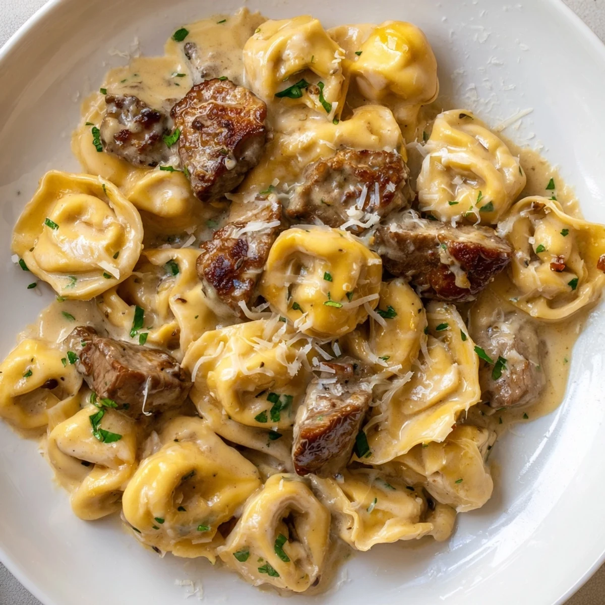 Garlic steak tortellini served in a rich, velvety cream sauce on a white plate