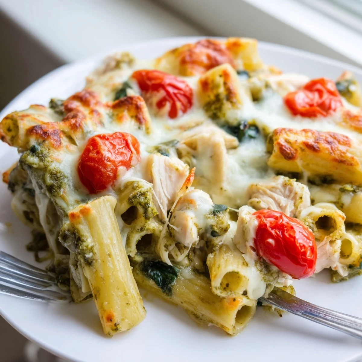 Golden bubbling pesto chicken pasta bake fresh from the oven with melted mozzarella on top