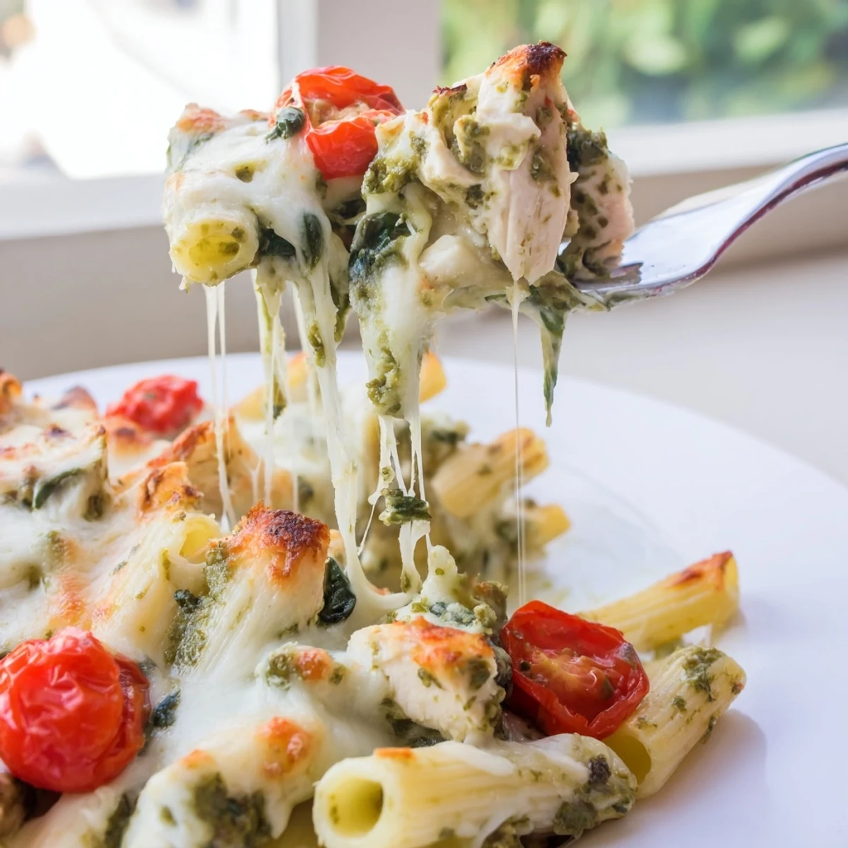 Creamy pesto chicken pasta bake served in a white dish with golden cheese crust