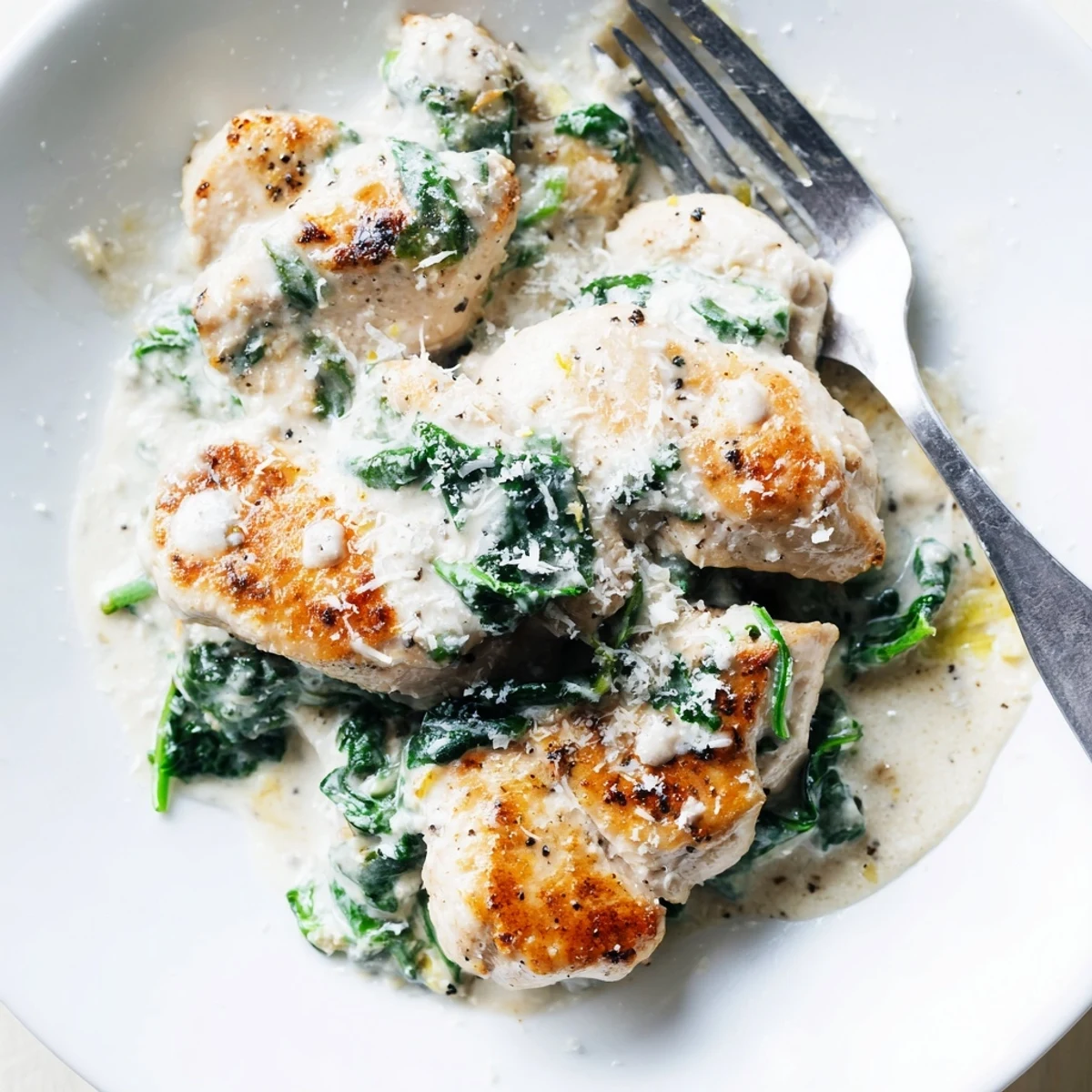 Golden seared Lemon Parmesan Spinach Chicken in a creamy, tangy sauce with wilted greens