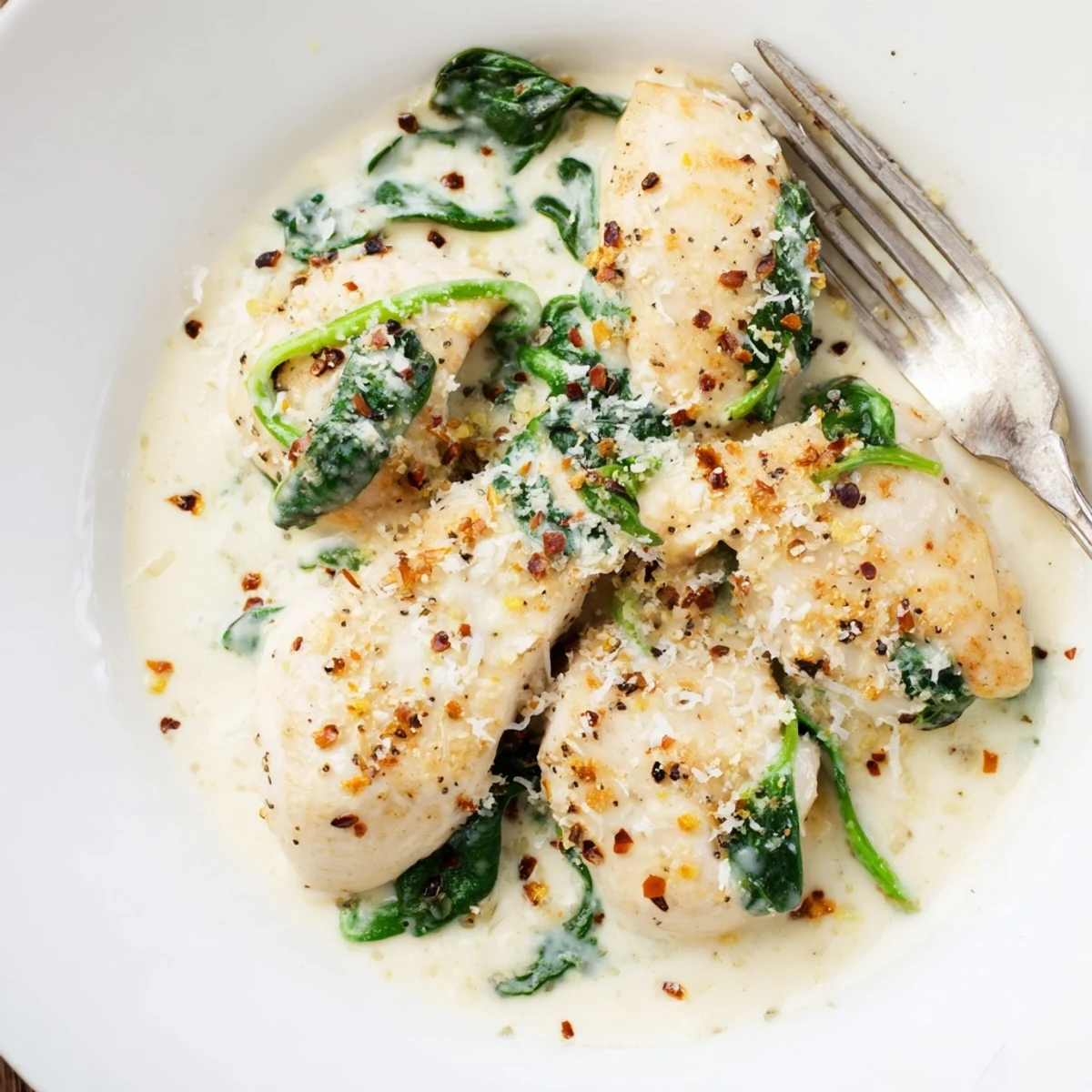 Juicy pan-seared Lemon Parmesan Spinach Chicken smothered in a rich cream sauce