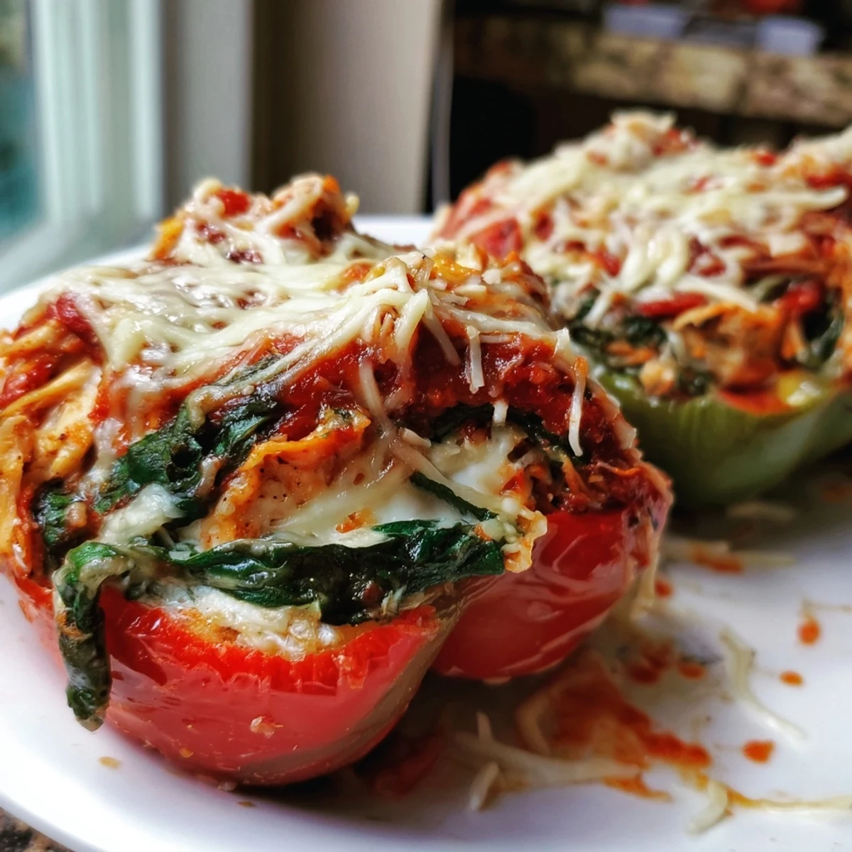 Savory chicken Florentine stuffed peppers bubbling with marinara and melted mozzarella on top