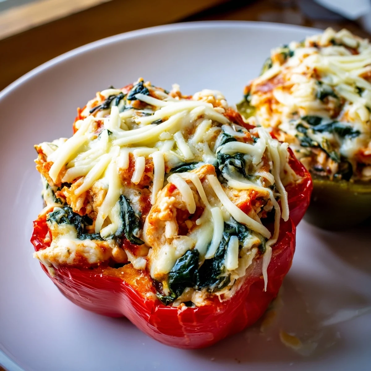 Golden baked chicken Florentine stuffed peppers filled with cheesy spinach and diced chicken breast
