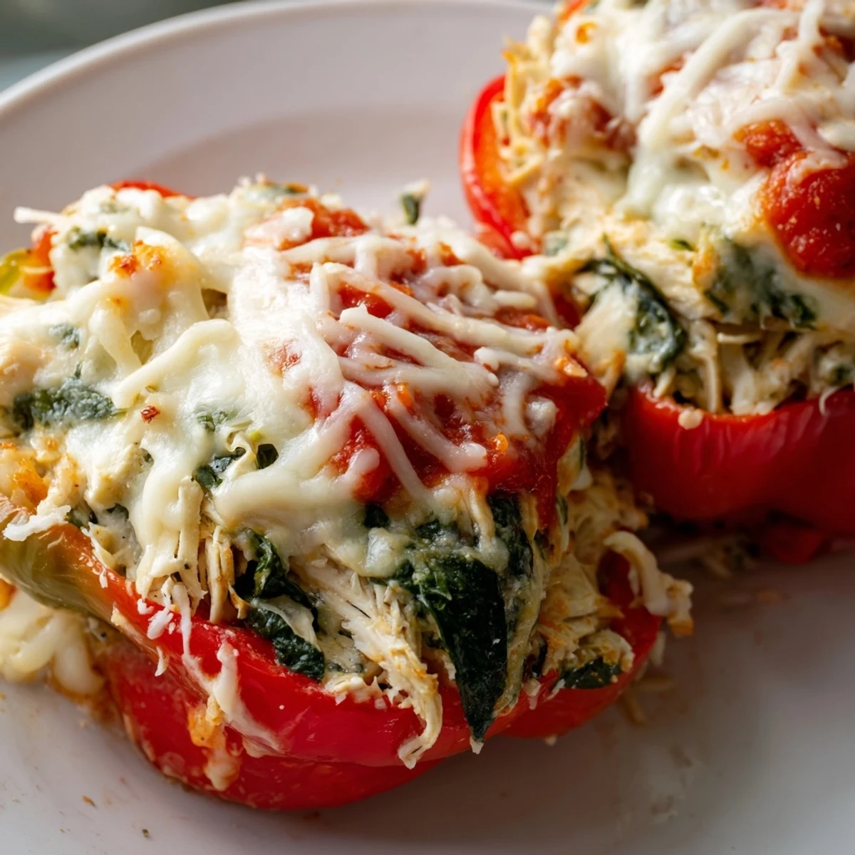 Colorful bell peppers mounded high with a creamy chicken and ricotta Florentine filling