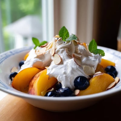 Chilled peaches and cream salad served in glasses topped with whipped vanilla cream