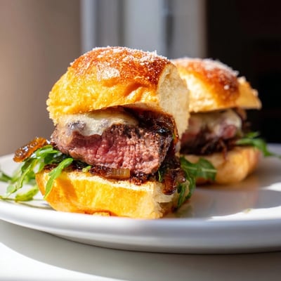 Caramelized onions and arugula crown tender filet mignon sliders on cheesy garlic rolls