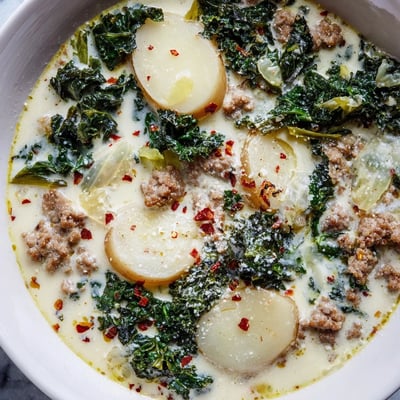 Steaming bowl of Zuppa Toscana soup garnished with Parmesan and crusty bread