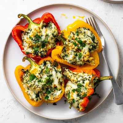 Creamy herb-filled ricotta stuffed peppers roasted until tender and topped with melted cheese